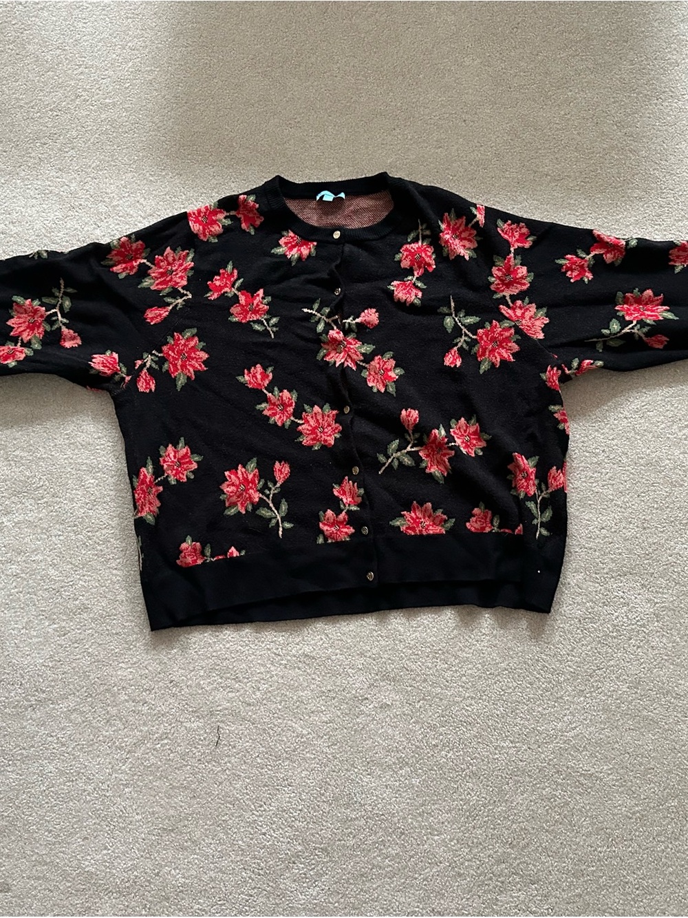 Draper James Black Cardigan with Red Floral Embroidery